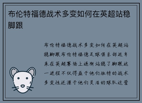 布伦特福德战术多变如何在英超站稳脚跟
