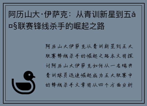 阿历山大·伊萨克：从青训新星到五大联赛锋线杀手的崛起之路